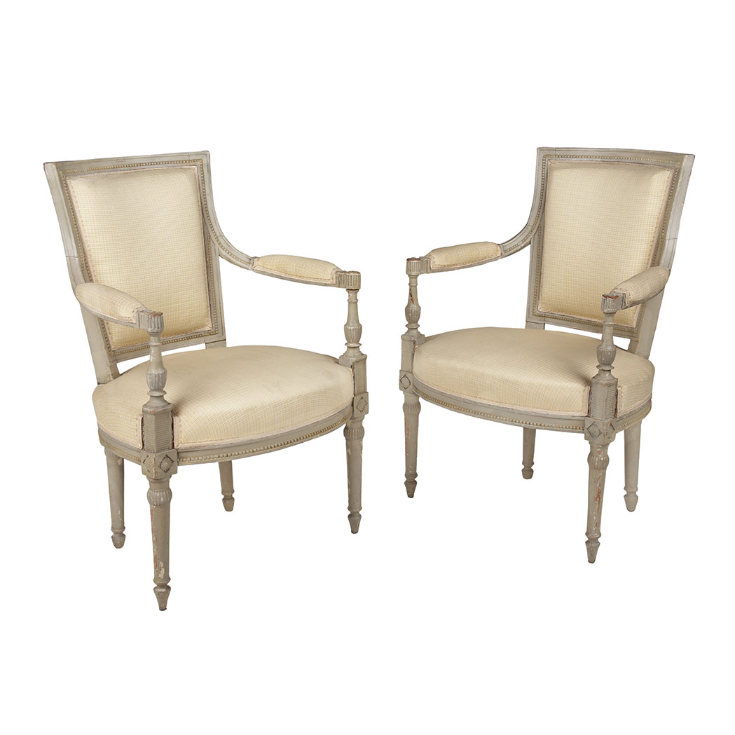 Appraisal: Pair of Directoire Painted Fauteuils en Cabriolet Circa Each tapering