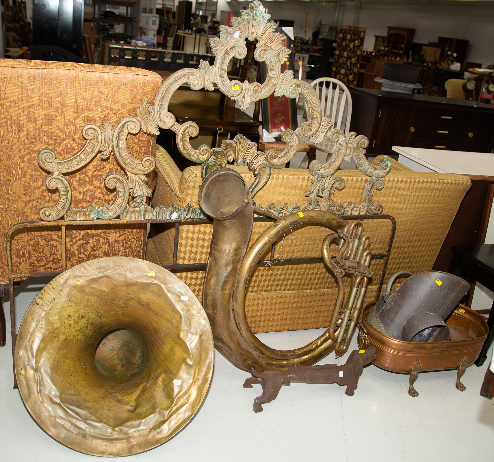 Appraisal: LARGE GROUPING OF METAL ITEMS Includes headboard tuba coal buckets