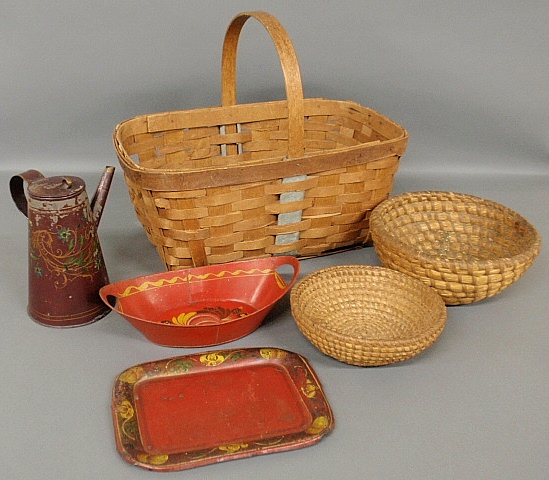 Appraisal: - Splintwood basket h x w two rye straw baskets