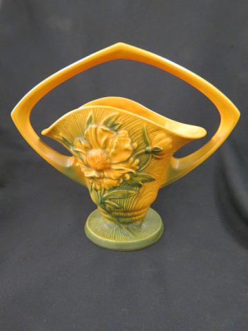 Appraisal: Roseville Pottery Peony Basket yellow brown - 's excellent