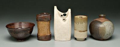 Appraisal: Five pieces studio pottery lidded cylindrical vessel unglazed base -