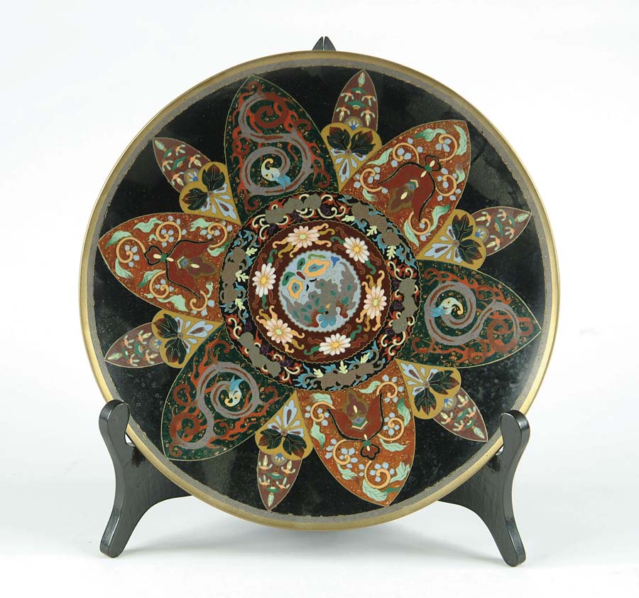 Appraisal: FINE CLOISONN DECORATED PLATE Black background has multi-petaled flower with