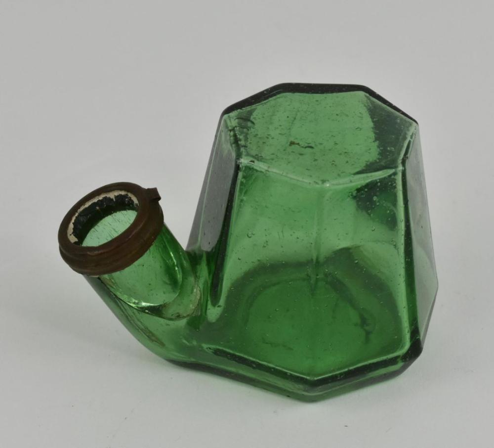 Appraisal: AMERICAN GREEN GLASS TEA KETTLE INKWELL - The octagonal emerald