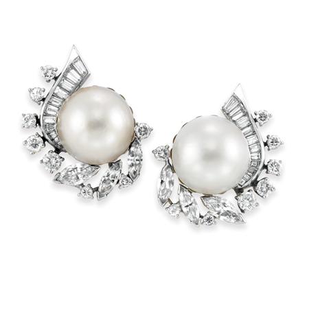 Appraisal: Pair of Mabe Pearl and Diamond Earclips Estimate -