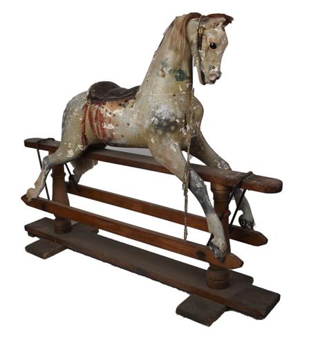 Appraisal: EDWARDIAN PAINTED ROCKING HORSE CIRCA the dapple grey with leather