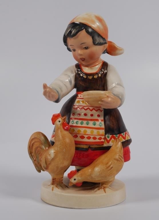 Appraisal: Rare International Hummel Bulgarian girl feeding chickens TMK Hum Hummel