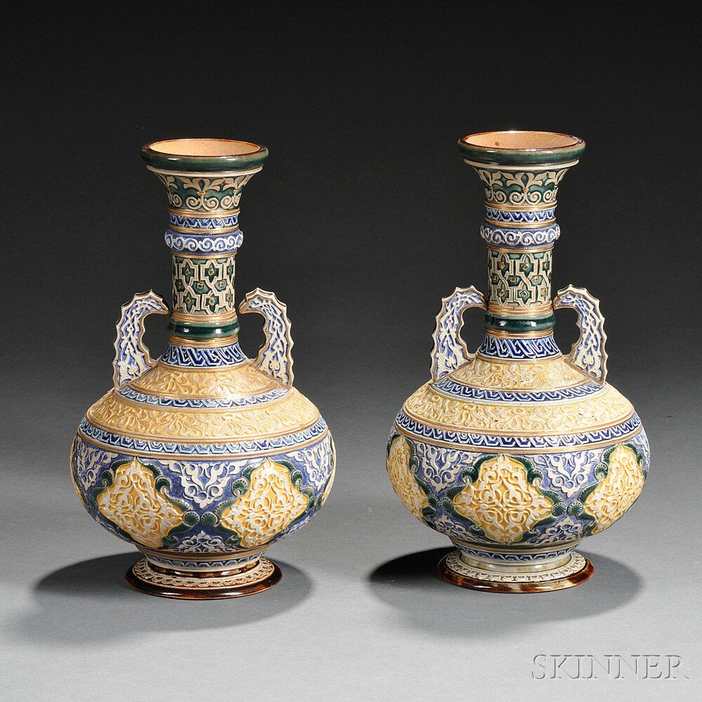 Appraisal: Pair of Doulton Lambeth Persian-style Two-handled Vases England late th