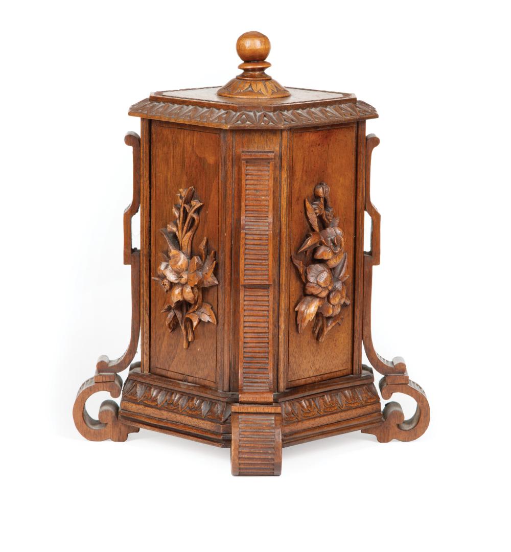 Appraisal: German Black Forest Carved Walnut Cigar Cabinet foliate carving four