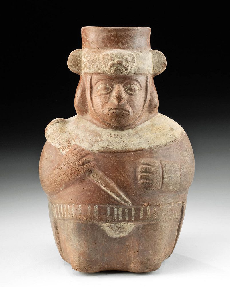 Appraisal: Moche Pottery Shaman Jar w Jaguar Headdress ex-Museum Pre-Columbian North