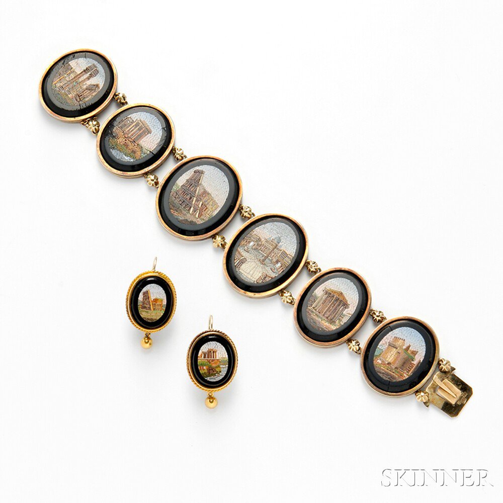 Appraisal: Antique Gold and Micromosaic Bracelet and Earpendants the bracelet set