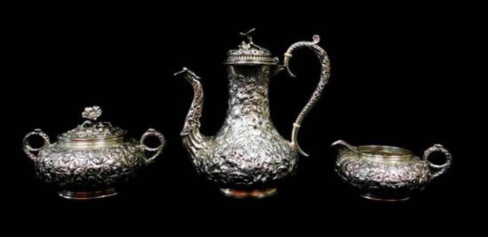 Appraisal: SILVER S Kirk and Son three-piece repousse coffee service tested