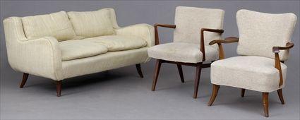 Appraisal: GERMAN WALNUT SETTEE AND TWO ARMCHAIRS With wool upholstery sofa