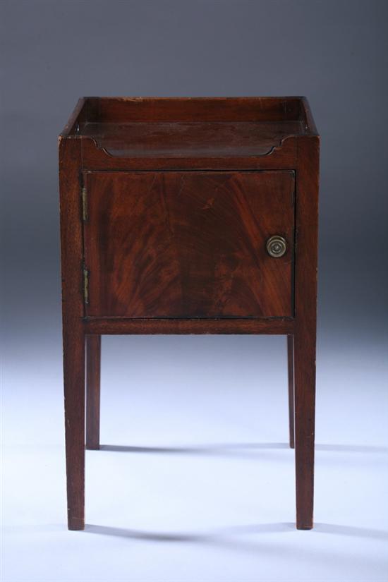 Appraisal: GEORGIAN MAHOGANY DIMINUTIVE POT CUPBOARD th century Galleried top with