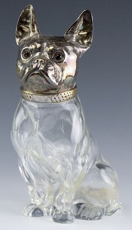 Appraisal: Austrian Glass Silver Plate French Bulldog Bottle Rare antique Austrian