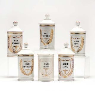 Appraisal: Set of Six French Apothecary Jars th century hand-painted white