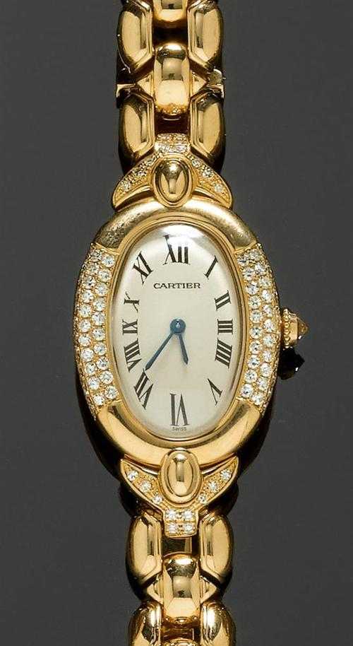 Appraisal: DIAMOND LADY'S WRISTWATCH CARTIER BAIGNOIRE s Yellow gold Oval convex