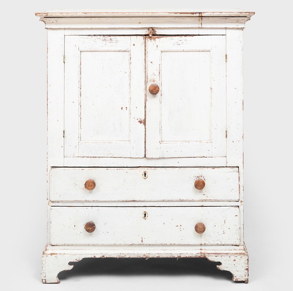 Appraisal: Hudson Valley Small Chippendale White Painted Cupboard Fitted with a