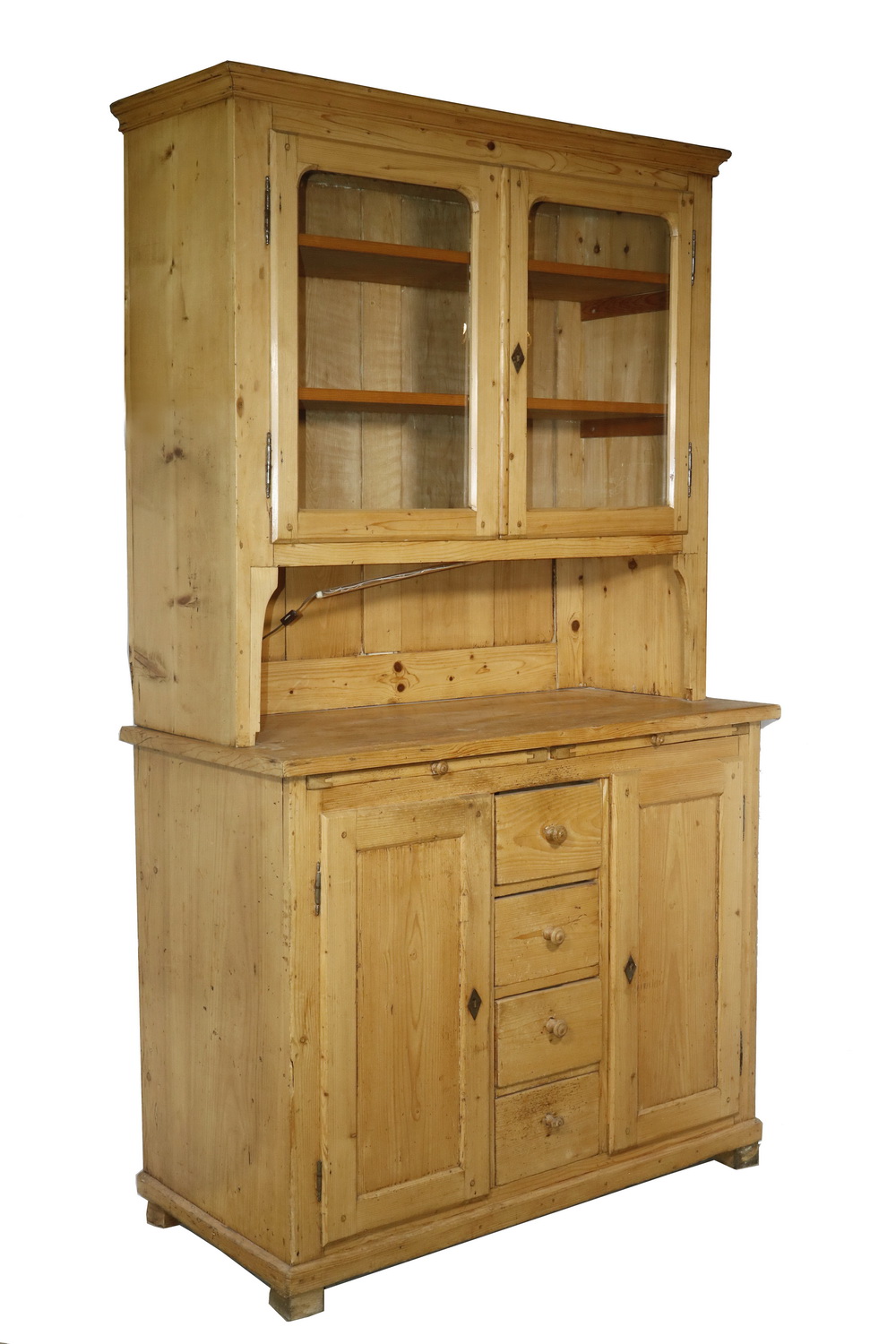 Appraisal: TWO-PART SCRUBBED PINE STEPBACK CUPBOARD Two-part scrubbed pine stepback cupboard