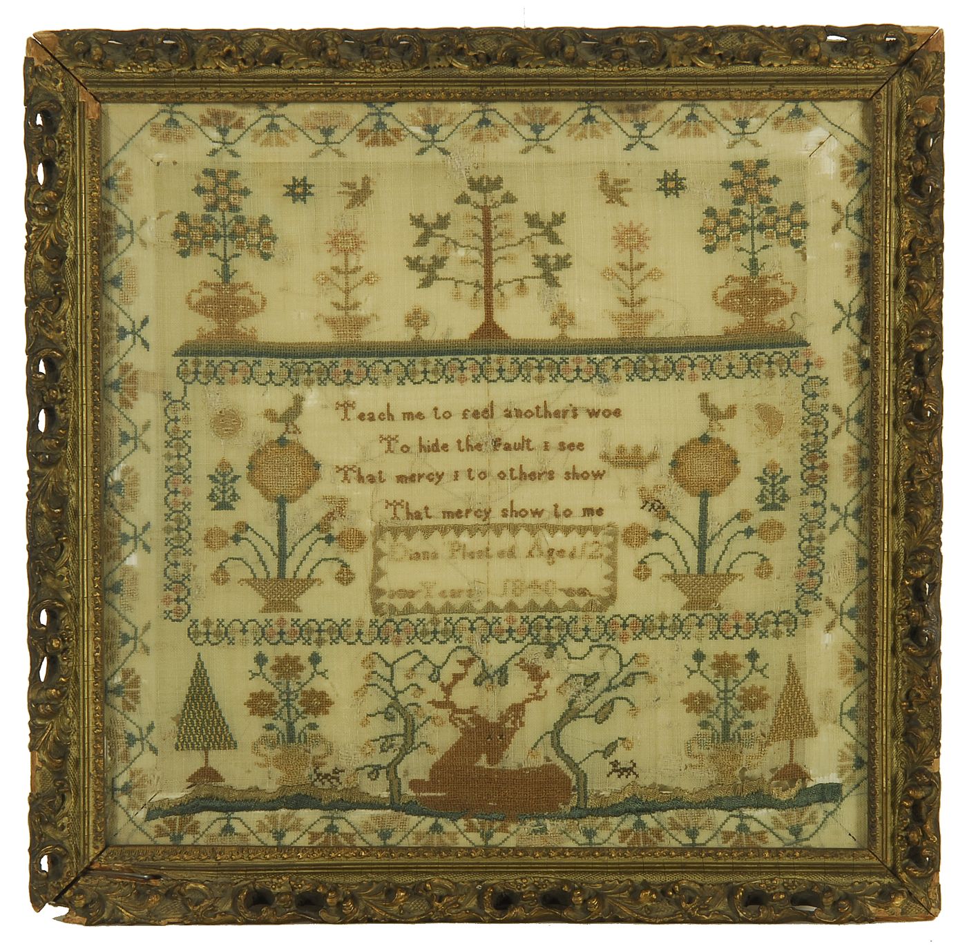 Appraisal: FRAMED SILK-ON-WOOL NEEDLEWORK SAMPLER Dated Wrought by Diana Pasted Aged