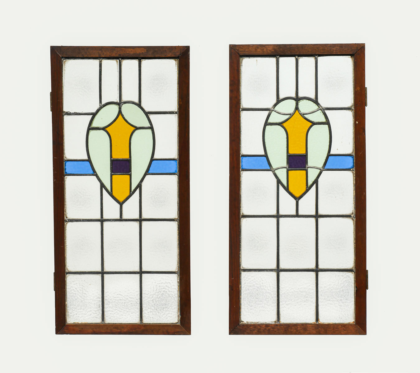 Appraisal: ARCHITECTURAL STAINED GLASS PANELS - Wood framed window shutters having