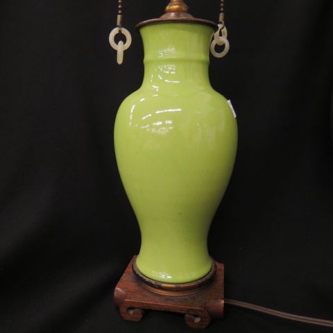 Appraisal: Chinese Pottery Lamp with Jade Ring Pulls elegant lime color