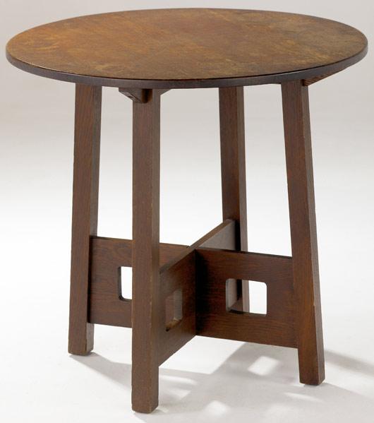 Appraisal: LIMBERT Lamp table with circular top and cut-out stretchers Branded