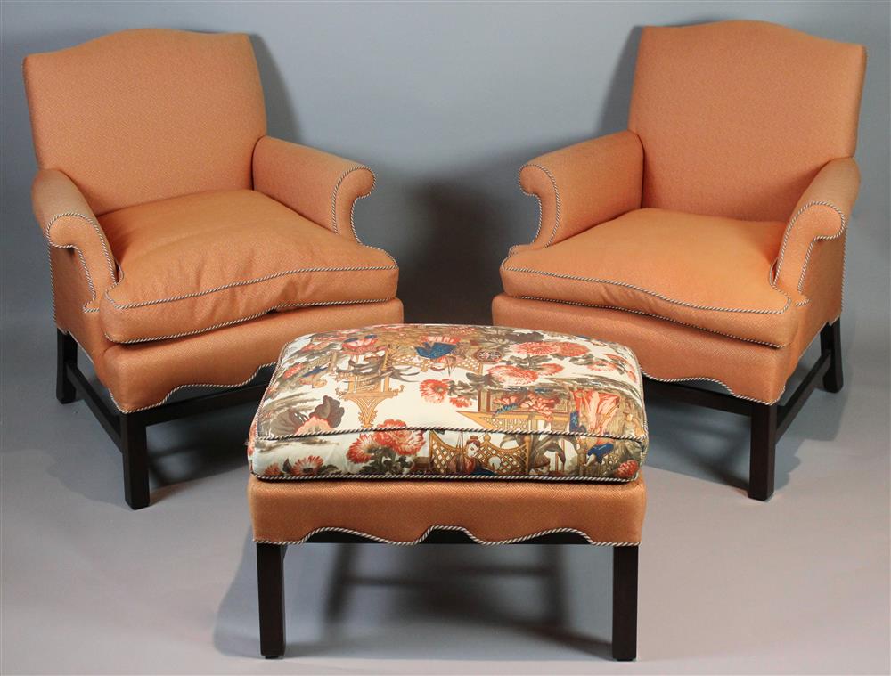 Appraisal: PAIR OF MODERN CHIPPENDALE STYLE CORAL UPHOLSTERED CLUB CHAIRS TOGETHER