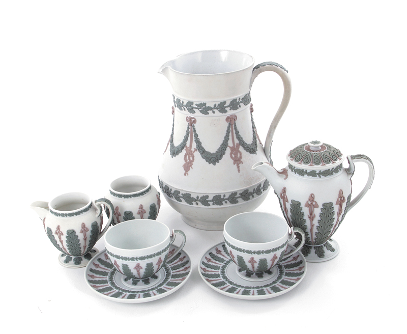 Appraisal: Wedgwood bi-color jasperware tea set and pitcher th th century