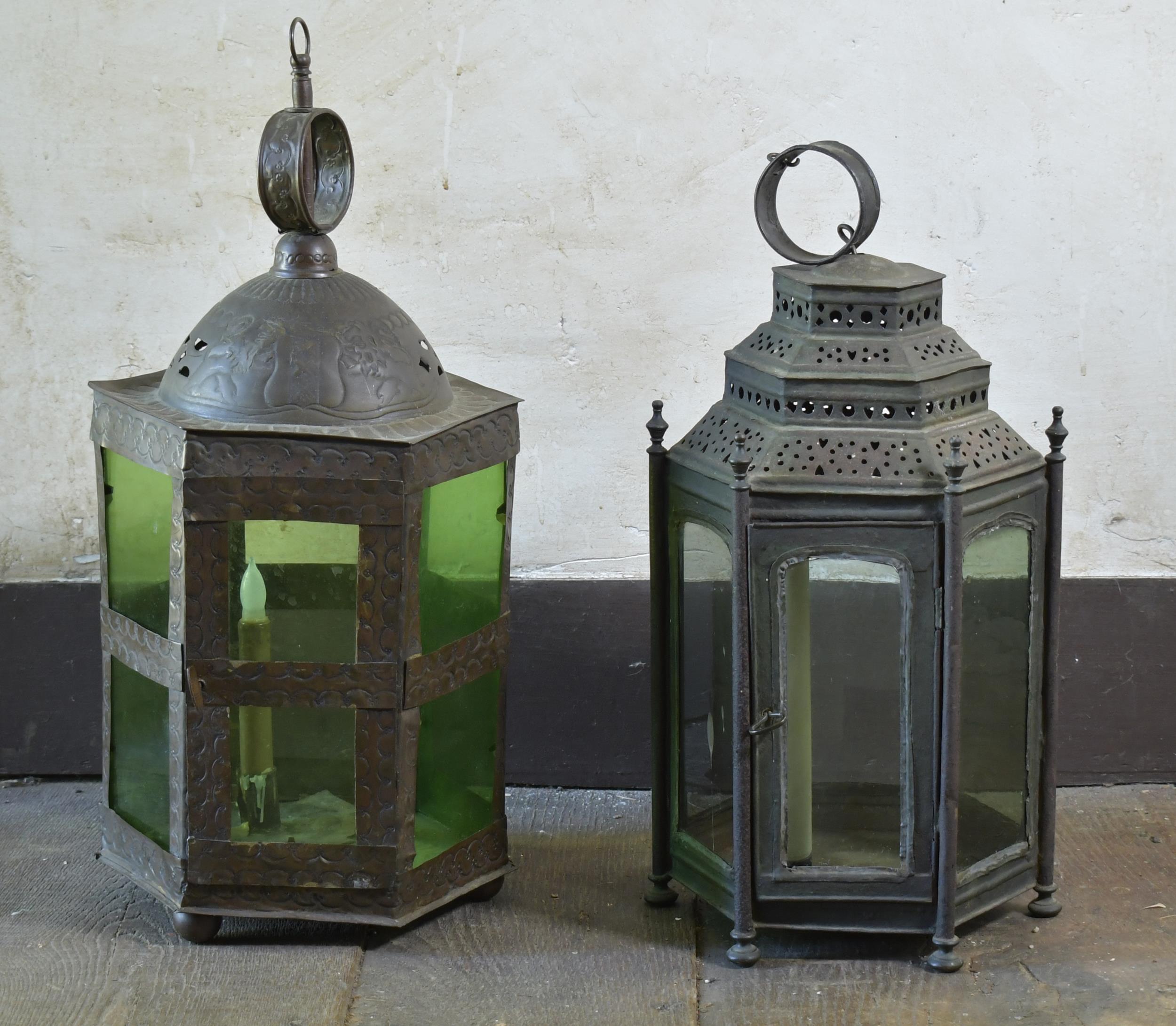 Appraisal: TWO ANTIQUE BRASS TIN CANDLE LANTERNS Pierced tin hexagonal candle