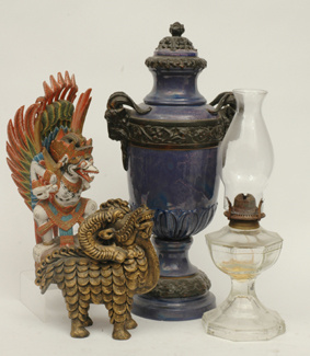 Appraisal: A GROUP OF ITEMS INCLUDING A KEROSENE LAMP TWO PAINTED