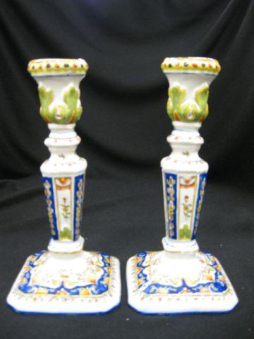 Appraisal: Pair of French Fiaence Pottery Candlesticks rich floral excellent