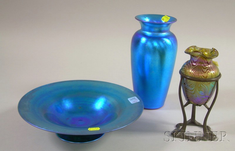 Appraisal: Steuben Blue Aurene Glass Footed Dish and Two Iridescent Art