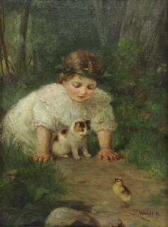 Appraisal: WOLFF Karoly Oil on Canvas Young Girl with Kitten and