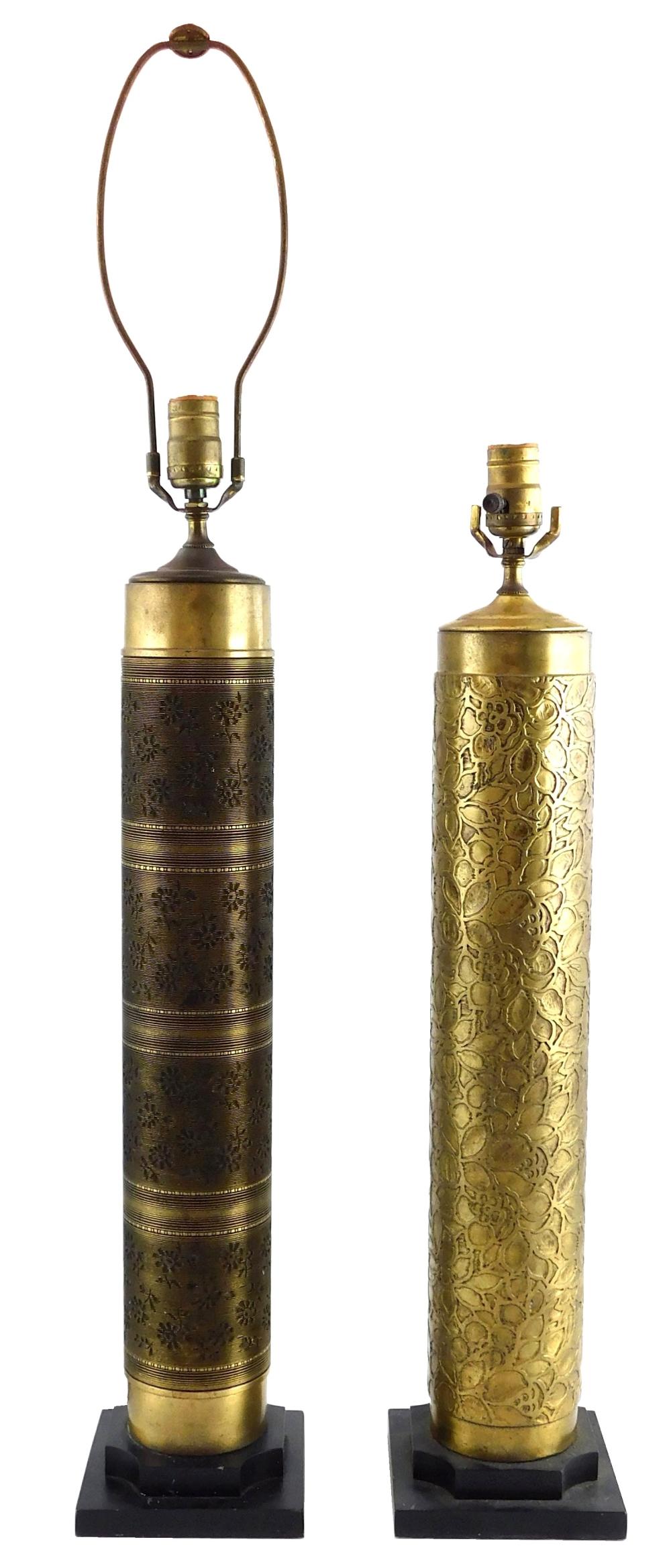 Appraisal: Two brass cylinder wallpaper rollers converted to lamps th C