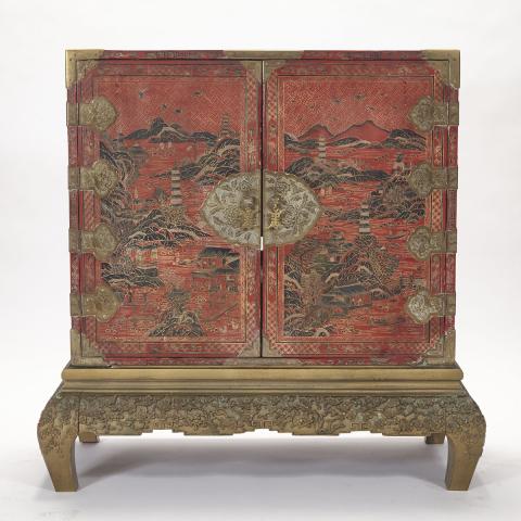 Appraisal: Red Lacquer Cabinet th Century Decorated throughout with a finely