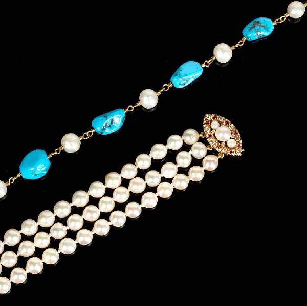 Appraisal: A collection of cultured pearl diamond ruby turquoise and gold