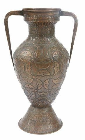 Appraisal: Large copper vessel urn with dual handles repousse repeated crescent