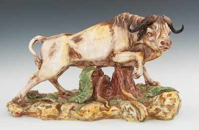 Appraisal: An Italian Majolica Ox Pottery hollow cast ox with high