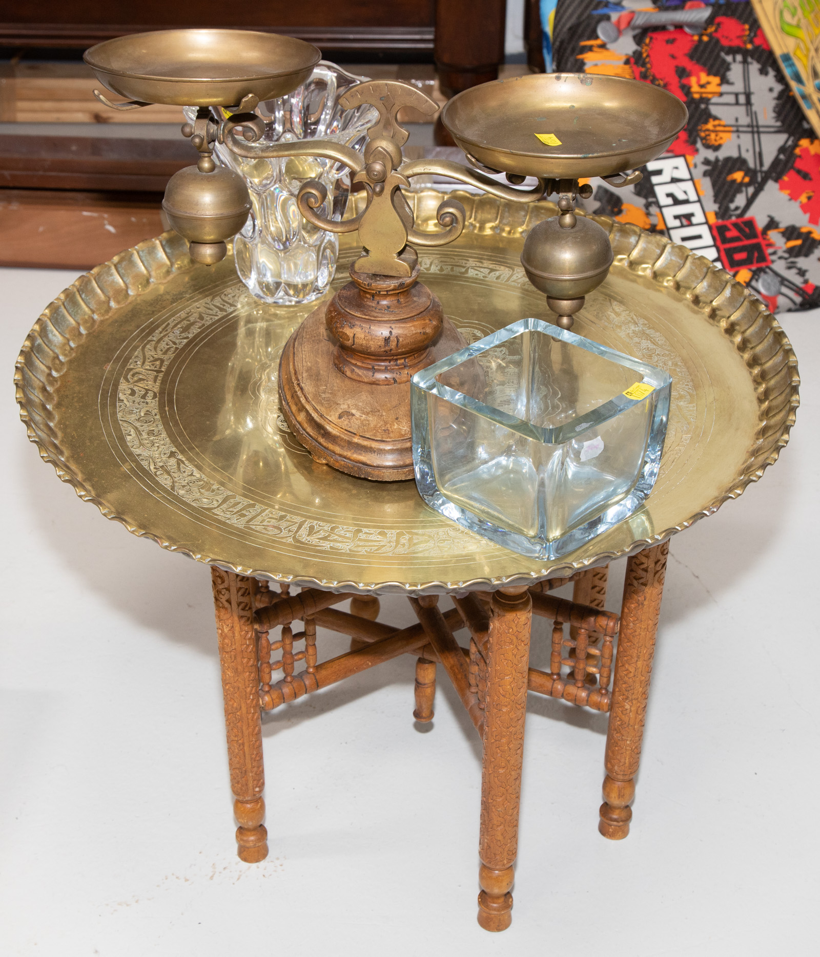 Appraisal: LARGE INDIAN CHASED BRASS TRAY ON STAND Together with a