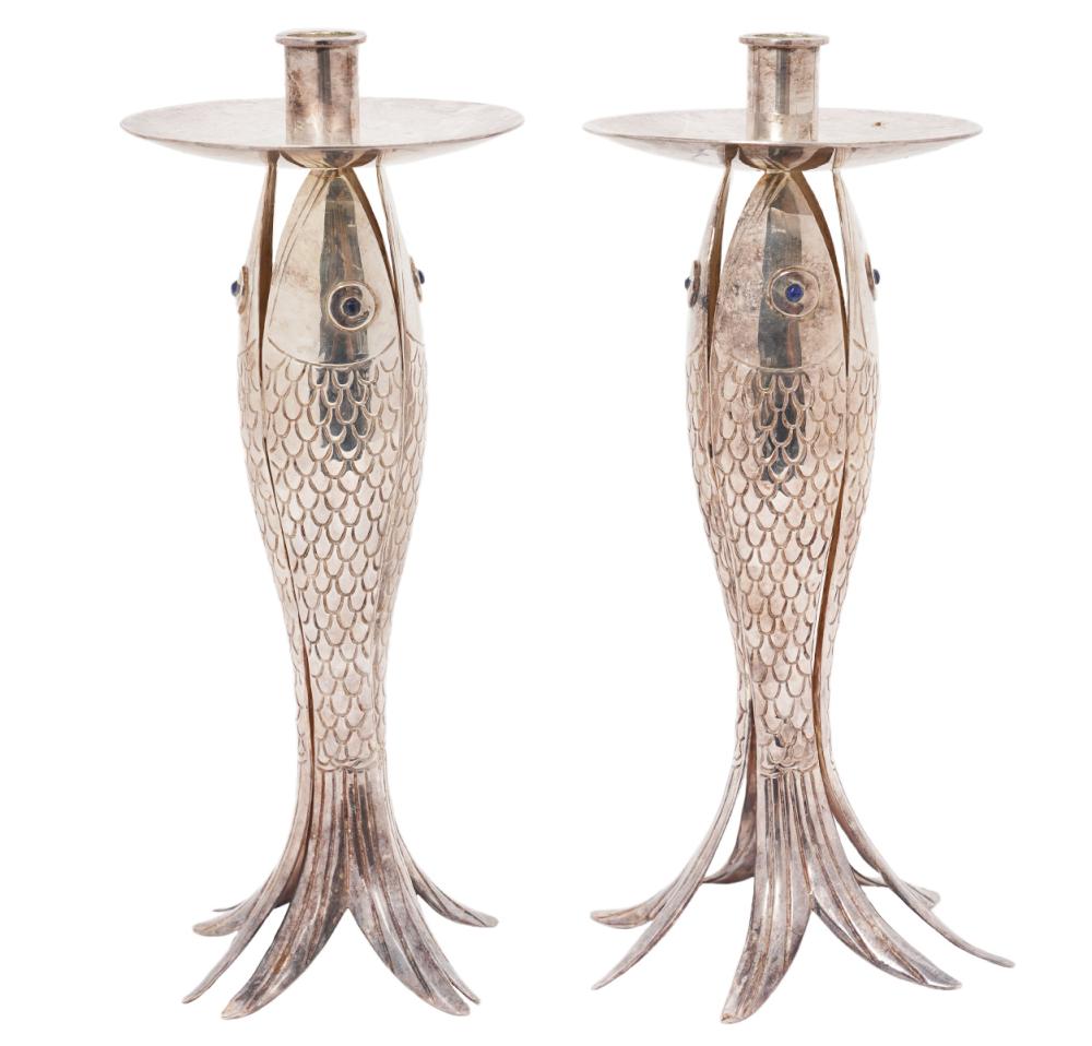 Appraisal: PR EMILIA CASTILLO SILVERPLATE FISH CANDLESTICKSPair of silverplate Emilia Castillo