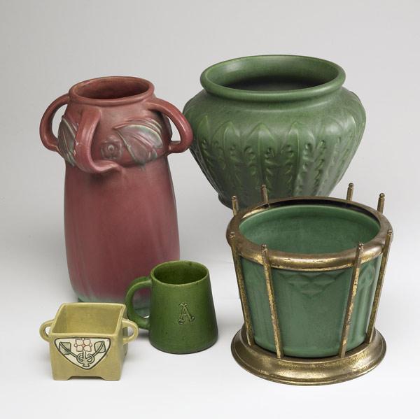 Appraisal: ZANESVILLE Five jardinieres and vases by Weller Owens etc Glaze