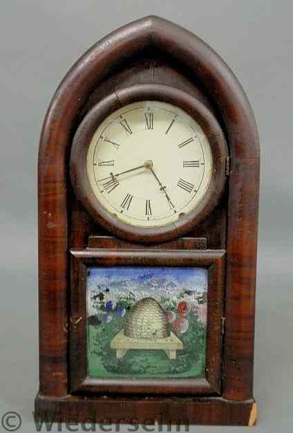 Appraisal: Mahogany mantel clock with reverse painted on glass panel with