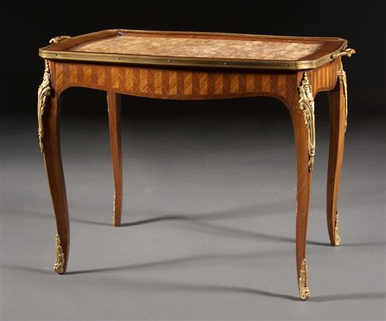 Appraisal: Louis XV style gilt-metal-mounted walnut parquetry marble inset top side