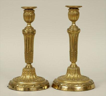 Appraisal: Pair of Louis XVI-Style Gilt-Metal Candlesticks in in diam