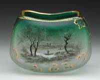 Appraisal: DAUM PILLOW VASE Enameled boat scene with green to frosted