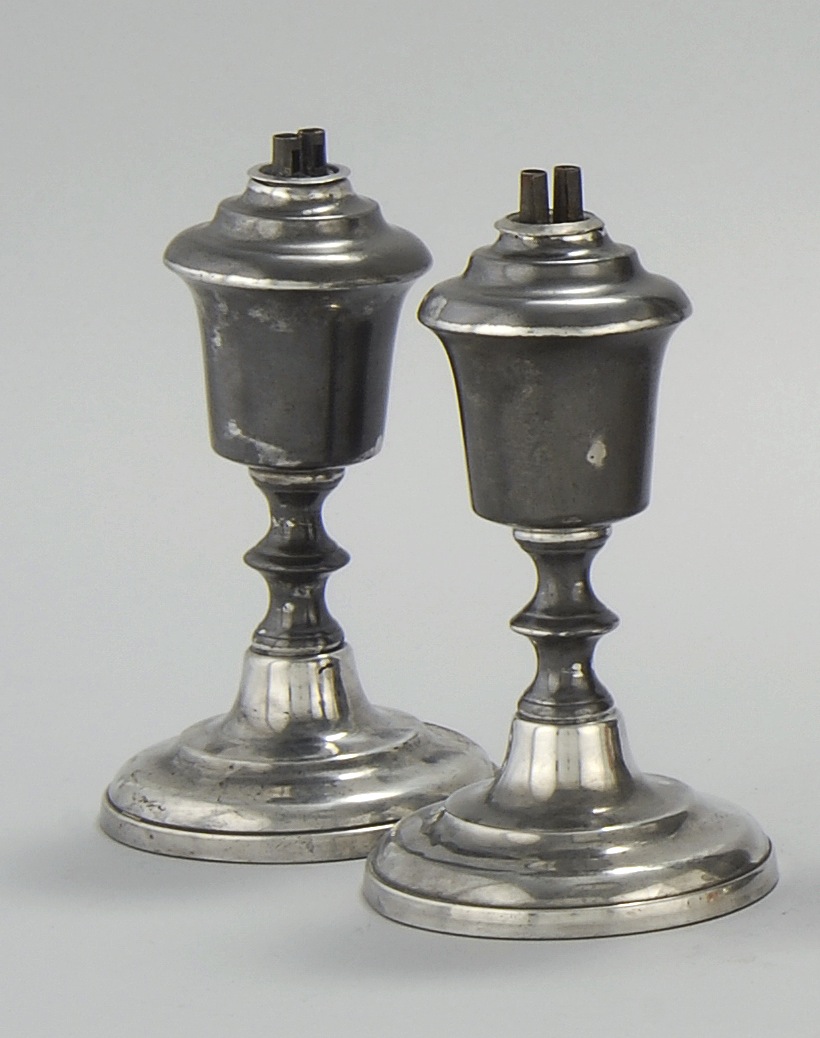 Appraisal: PAIR OF ANTIQUE PEWTER WHALE OIL LAMPS Circa Marked on