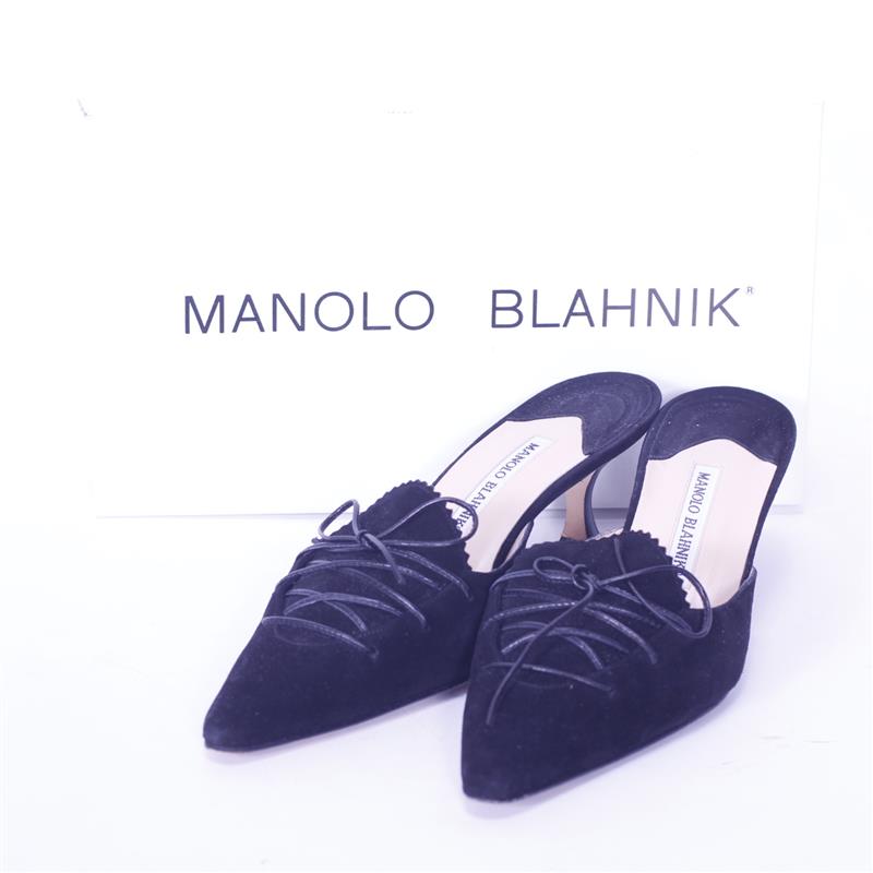 Appraisal: Manolo Blahnik pointed toe black lace up kitten heel mules