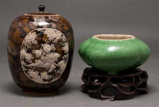 Appraisal: Japanese Satsuma enamel decorated tortoiseshell glaze earthenware jar and a