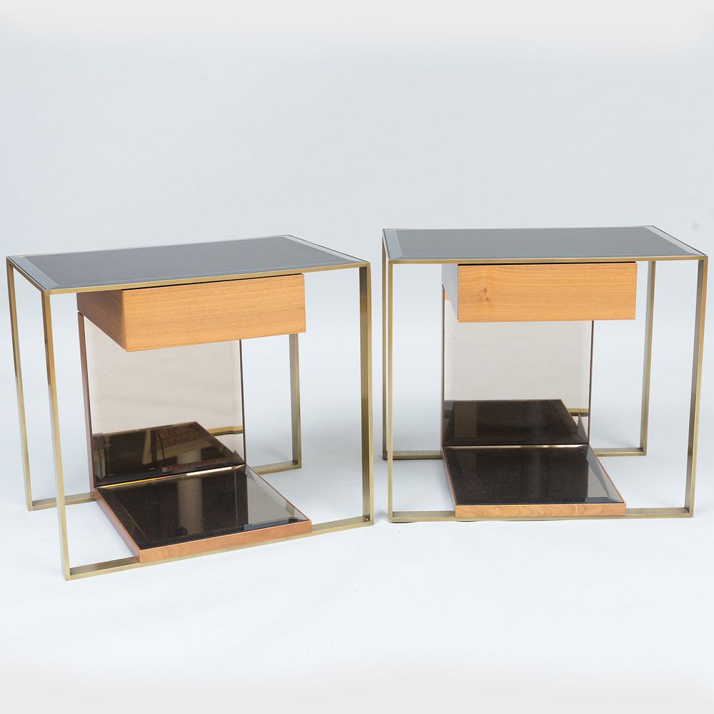 Appraisal: Pair of Walnut Glass Bronze Finish Metal Side Tables x