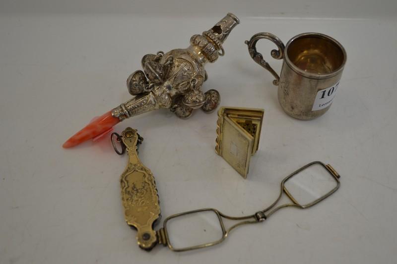 Appraisal: GROUP OF STERLING SILVER MINIATURE ITEMS INCL BABY'S RATTLE LORGNETTE